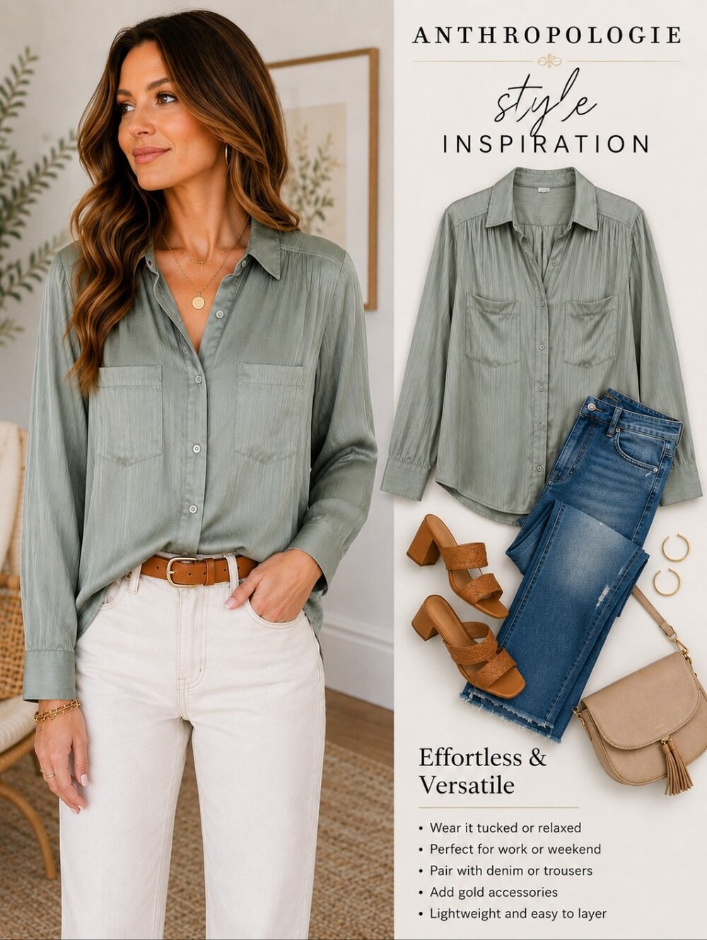 Anthropologie Sage Green Pintuck Button Front Blouse Size Small